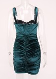 Summer Formal Green Velvet Ruched Strap Vintage Mini Party Dress