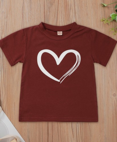 Yaz Çocuk Kız Kalp Baskı O-Boyun Normal Gömlek