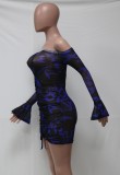 Summer Print Black Off Shoulder Ruched Strings Mini Dress with Bell Sleeve Cuffs