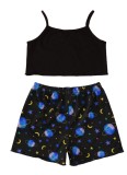 Summer Kids Girl Print Black Strap Crop Top and Shorts Set