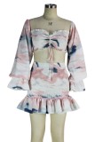 Summter Tie Dye Long Sleeve Ruched Crop Top and Mini Skirt Set