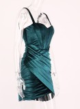 Summer Formal Green Velvet Ruched Strap Vintage Mini Party Dress
