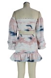 Summter Tie Dye Long Sleeve Ruched Crop Top and Mini Skirt Set