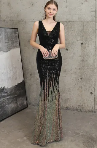 Summer Sequins Sleeveless V-Neck Mermaid Evening Dress