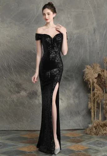 Summer Sequins Sweetheart Lace-Up Slit Evening Dress