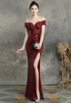 Summer Sequins Sweetheart Lace-Up Slit Evening Dress