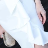 Summer Formal White Sleeveless V-Neck Ruffles Slit Evening Dress
