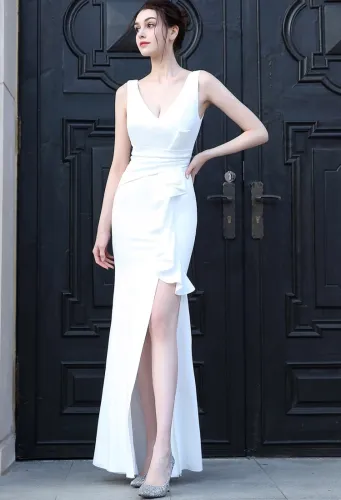 Summer Formal White Sleeveless V-Neck Ruffles Slit Evening Dress