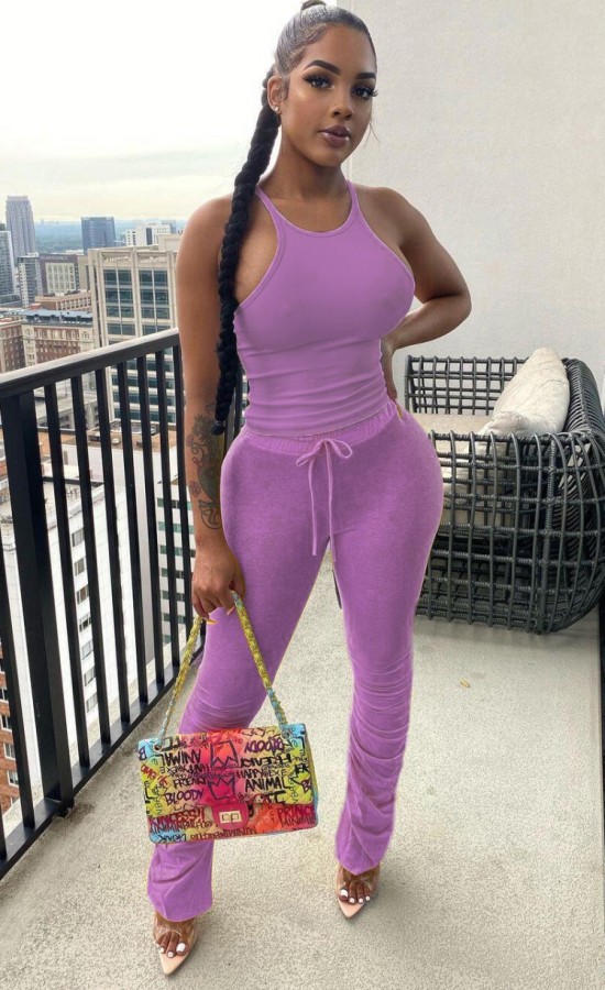 Summer Casual Purple Matching Vest and Stacked Pants Set