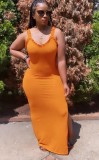 Summer Formal Orange Ruffles Strap Ribbed Long Dress