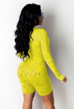 Summer Yellow Sexy Hollow Out Long Sleeve Zipped Bodycon Rompers