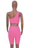 Summer Pink Waffle Sexy One Shoulder Crop Top and Shorts Set