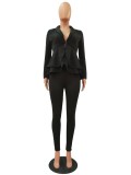 Spring Formal Black Matching Long Sleeve Peplum Top and Pants Suit