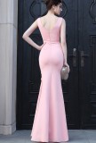 Summer Formal Pink Sleeveless V-Neck Ruffles Slit Evening Dress