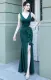 Summer Formal Green Sleeveless V-Neck Ruffles Slit Evening Dress