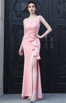 Summer Formal Pink Sleeveless V-Neck Ruffles Slit Evening Dress