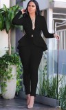 Spring Formal Black Matching Long Sleeve Peplum Top and Pants Suit