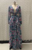 Summer Floral Green Deep-V Sexy Long Maxi Dress with Full Sleeves