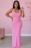 Summer Formal Pink Ruffles Strap Ribbed Long Dress