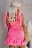 Summer Casual Pink Ruffles Knotted Strap Mini Sundress