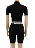 Summer Print Black Bodycon Crop Top and High Waist Shorts Set