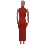 Summer Red Cut Out Sleeveless Turtleneck Sexy Midi Dress