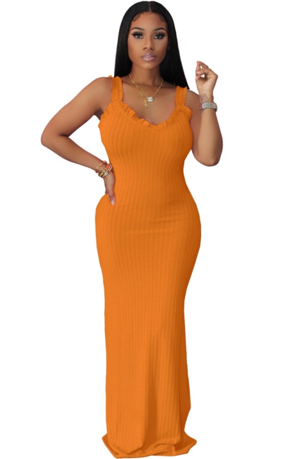 Summer Formal Orange Ruffles Strap Ribbed Long Dress