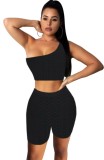 Summer Black Waffle Sexy One Shoulder Crop Top and Shorts Set