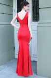 Summer Formal Red Sleeveless V-Neck Ruffles Slit Evening Dress