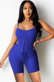 Summer Blue Lace-Up Sexy Bodycon Ribbed Strap Rompers
