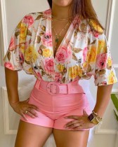 Conjunto de blusa floral con cuello en V formal de verano y pantalones cortos lisos