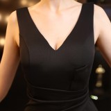 Summer Formal Black Sleeveless V-Neck Ruffles Slit Evening Dress