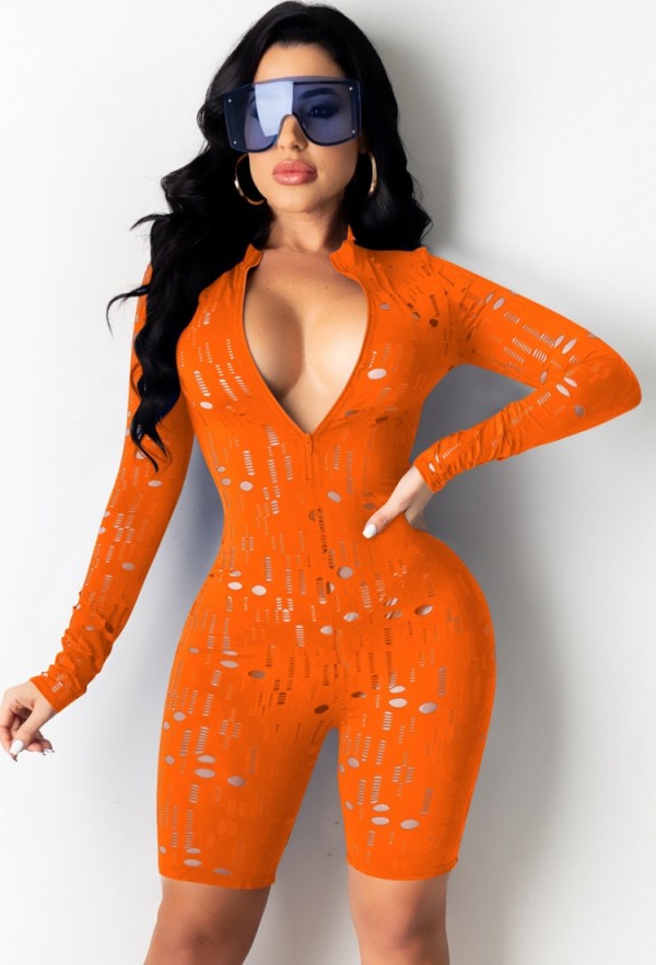 Summer Orange Sexy Hollow Out Long Sleeve Zipped Bodycon Rompers