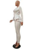 Spring Formal White Matching Long Sleeve Peplum Top and Pants Suit