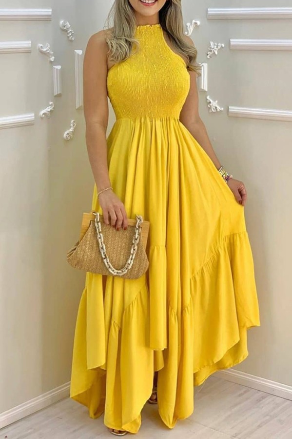Summer Formal Yellow Sleeveless Fit-and-Flare Irregular Long Dress
