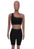 Summer Black Waffle Sexy One Shoulder Crop Top and Shorts Set
