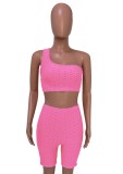 Summer Pink Waffle Sexy One Shoulder Crop Top and Shorts Set