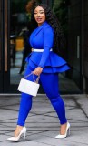 Spring Formal Blue Matching Long Sleeve Peplum Top and Pants Suit