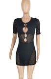 Summer Black Hollow Out Sexy Short Sleeve Mini Bodycon Dress