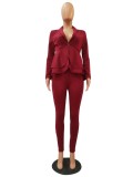 Spring Formal Burgunry Matching Long Sleeve Peplum Top and Pants Suit