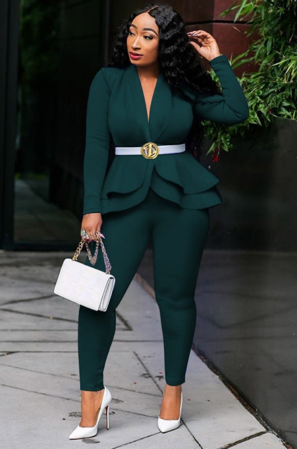 Spring Formal Green Matching Long Sleeve Peplum Top and Pants Suit
