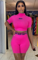 Summer Print Pink Bodycon Crop Top y conjunto de pantalones cortos de cintura alta