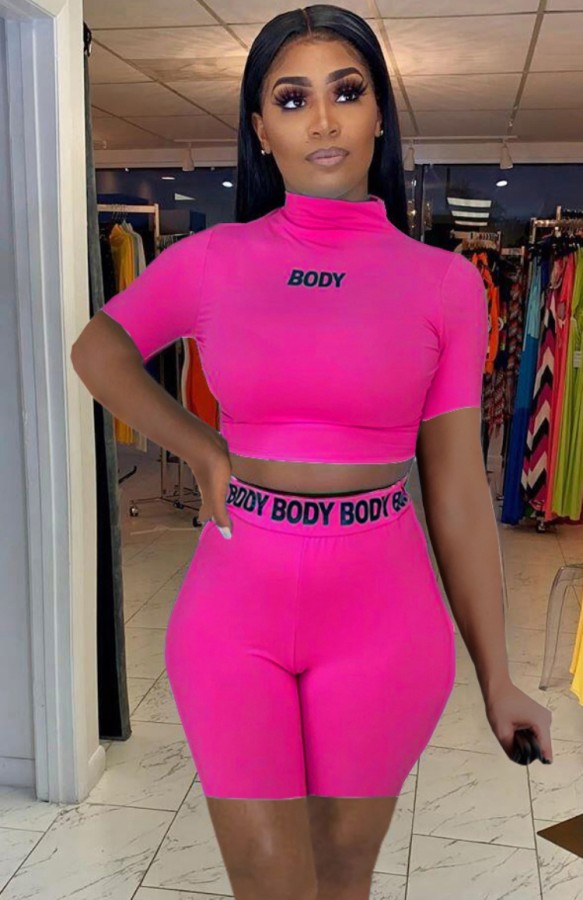 Summer Print Pink Bodycon Crop Top and High Waist Shorts Set