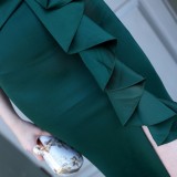 Summer Formal Green Sleeveless V-Neck Ruffles Slit Evening Dress
