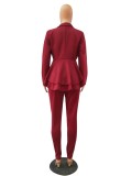Spring Formal Burgunry Matching Long Sleeve Peplum Top and Pants Suit