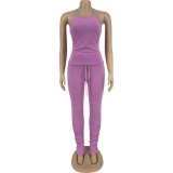 Summer Casual Purple Matching Vest and Stacked Pants Set