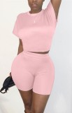 Summer Pink Sexy Crop Top and Biker Shorts 2PC Set