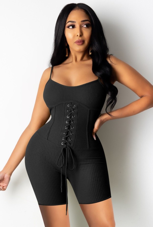 Summer Black Lace-Up Sexy Bodycon Ribbed Strap Rompers