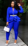 Spring Formal Blue Matching Long Sleeve Peplum Top and Pants Suit