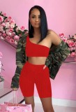 Summer Red Waffle Sexy One Shoulder Crop Top and Shorts Set